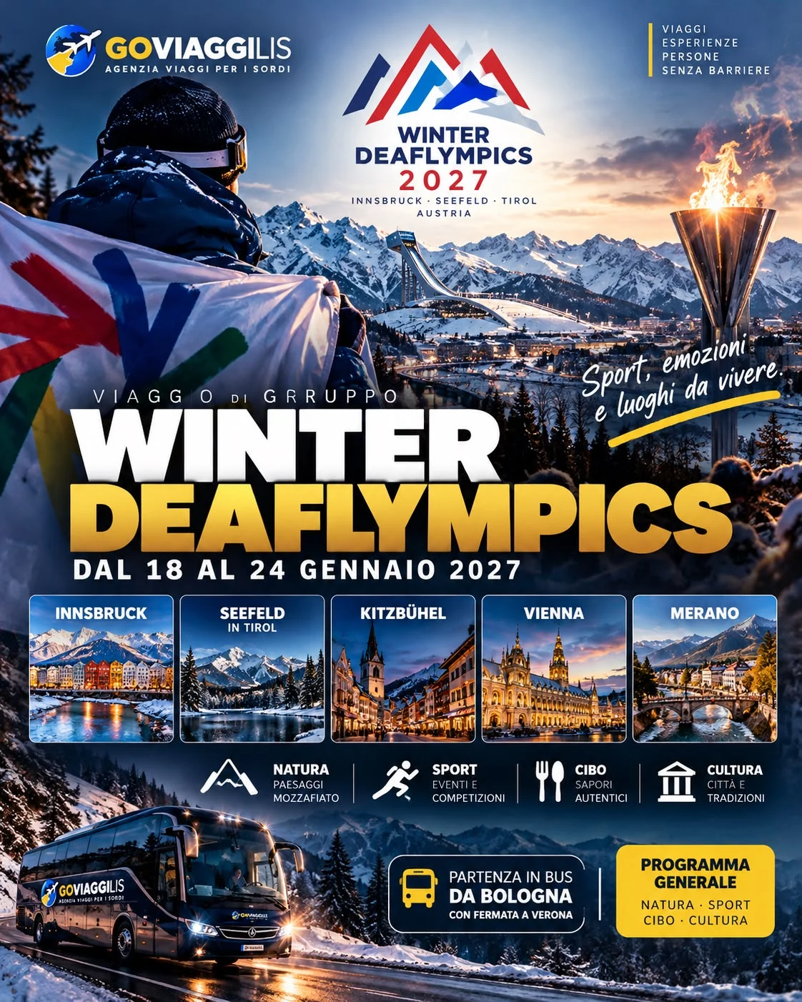 Locandina GoViaggiLis: Winter Deaflympics, viaggio di gruppo dal 18 al 24 gennaio 2027. Le informazioni sono riportate anche in testo nella pagina.